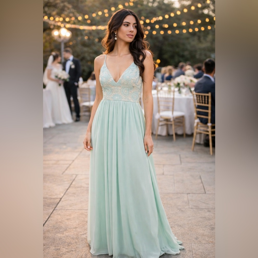 Mint Lace Maxi Dress Chiffon V-Neck Bridesmaid Wedding Guest Formal Gown